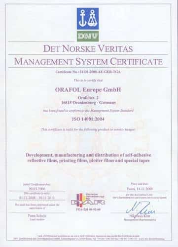 Сертификат качества материала Oracal ISO