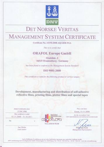 Сертификат качества материала Oracal