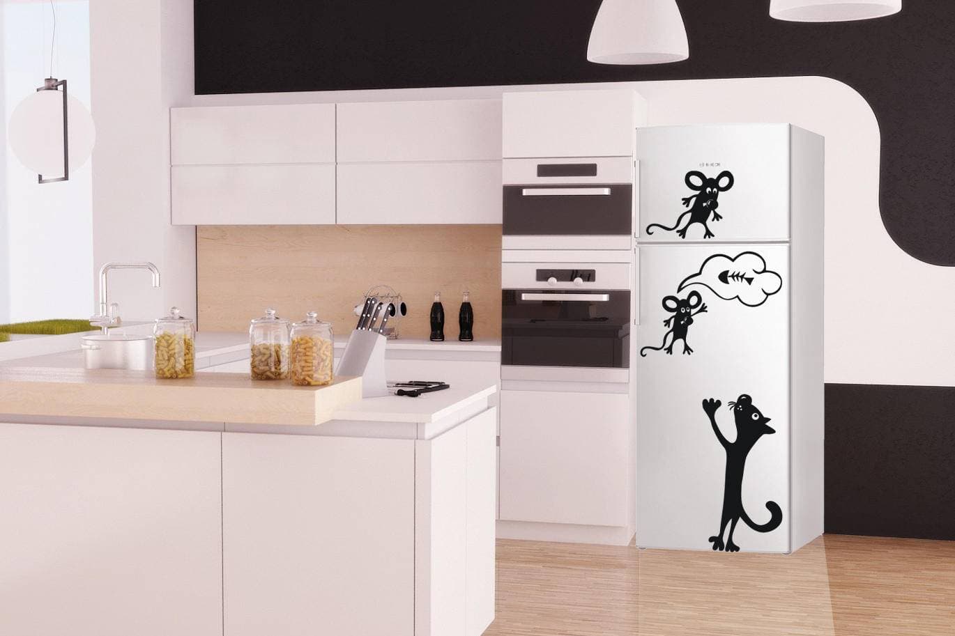 Виниловая наклейка на стену Кот и мыши для холодильника купить