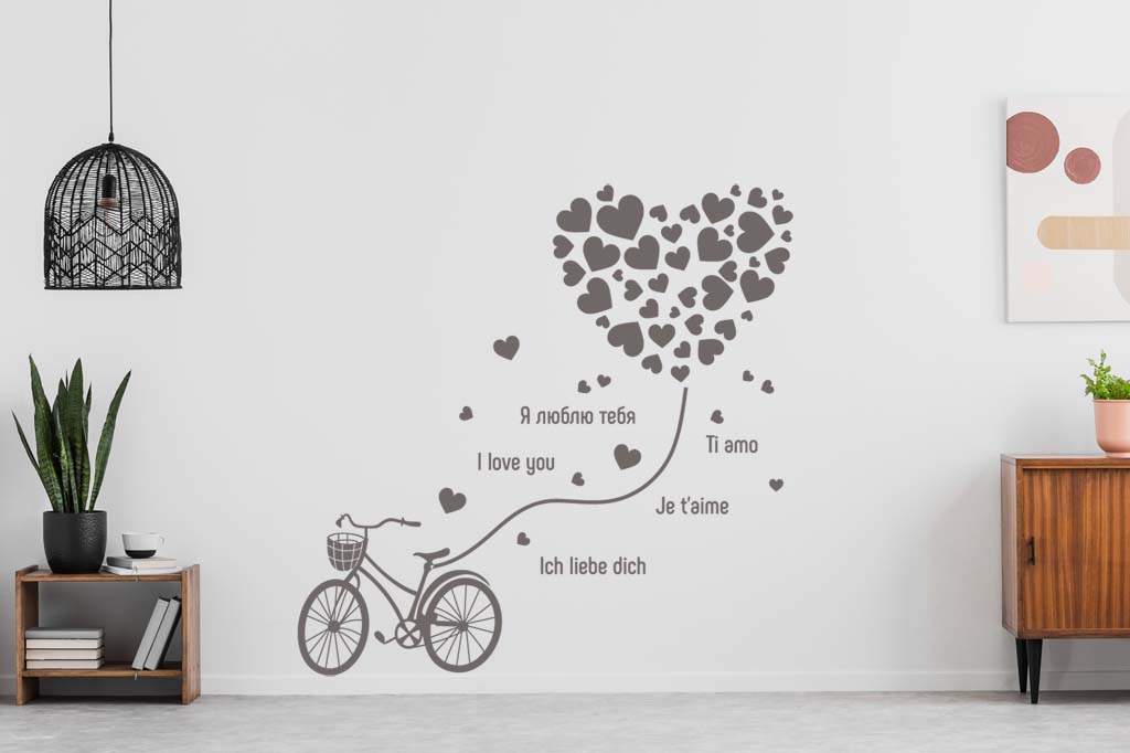 Виниловая наклейка на стену Я люблю тебя (велосипед с сердцем) купить