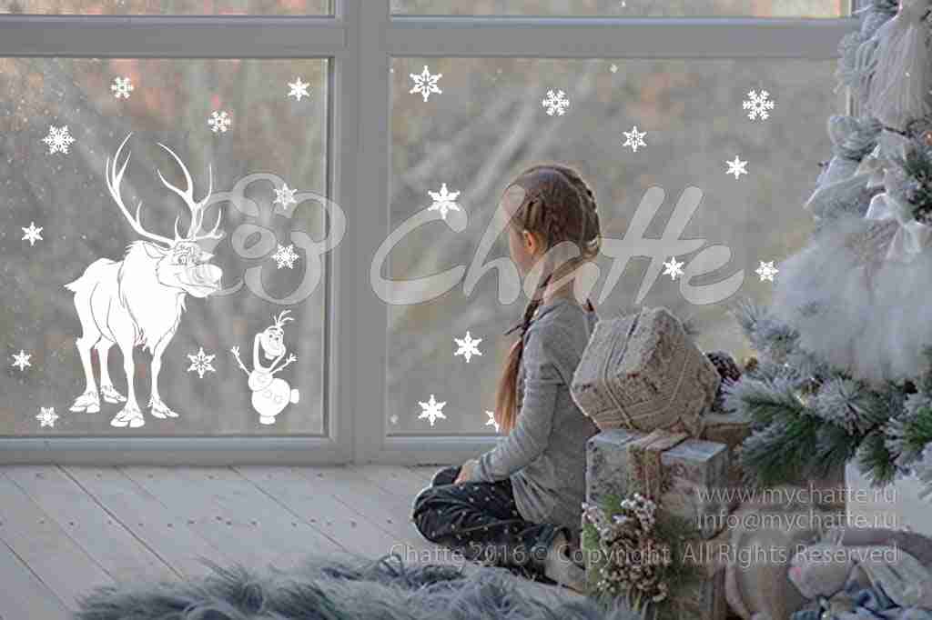 Дизайнерская наклейка на стену Олень Свен и снеговик Холодное сердце (на окно)