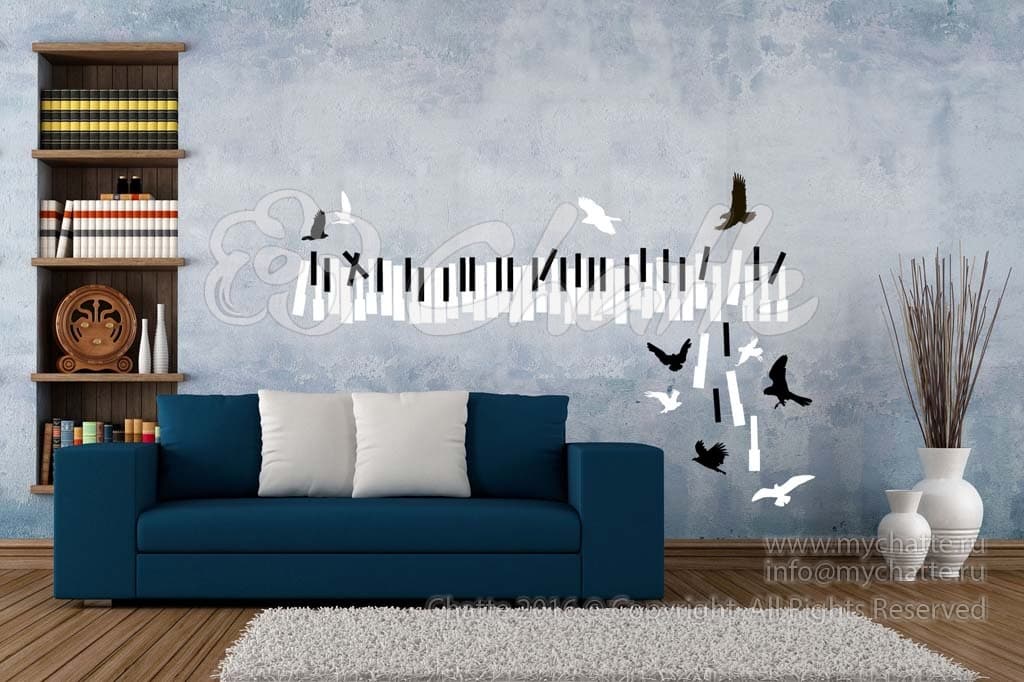 Виниловая наклейка на стену Черное и белое (клавиши и птицы) купить