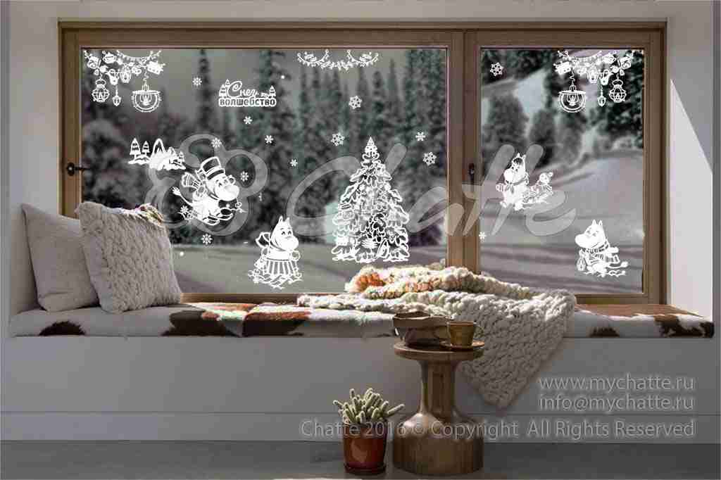 Виниловая наклейка на стену Зима в долине Муми-троллей (наклейка на окно) купить